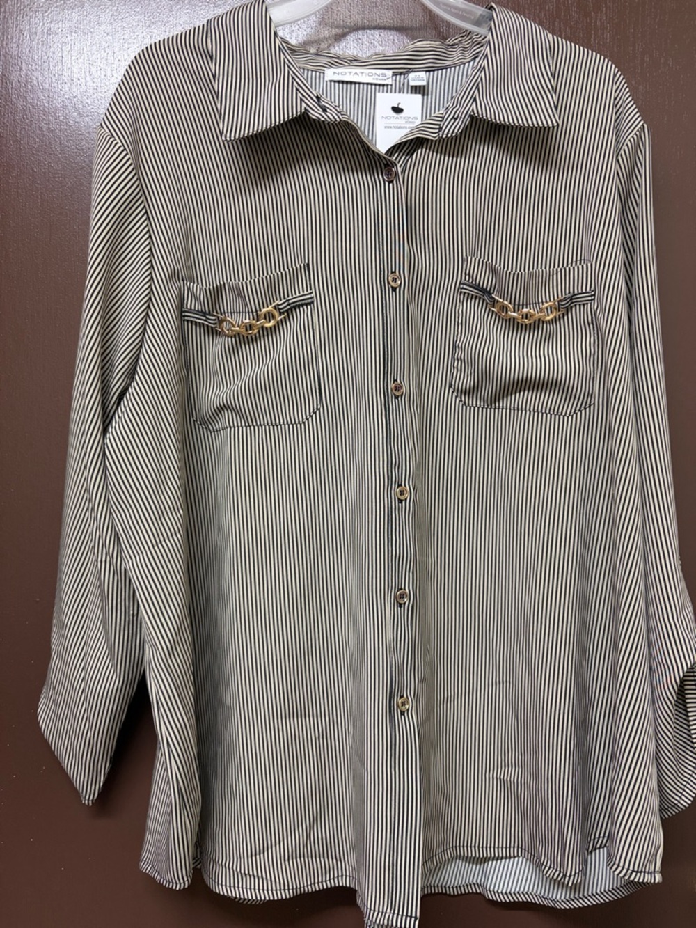 Notations Black and Grey Vertical Stripe Button-Up Blouse